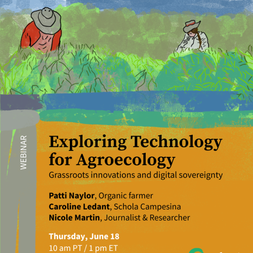 A watercolor-style graphic poster showing two farmers in a field with an orange box filled with text describing the event details