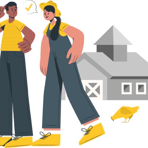 A graphic showing two farmers in gray and yellow clothing and a gray barn in the background with a yellow chicken