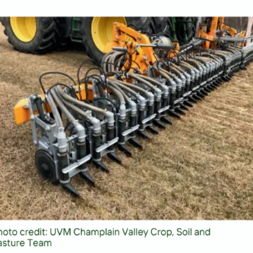 Photo of manure injection equipment into hayfield. Photo credit: UVM Crops and Soils Tean