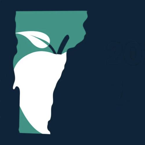 A blue square with a teal colored outline of the state of Vermont and a large white apple nested inside the state