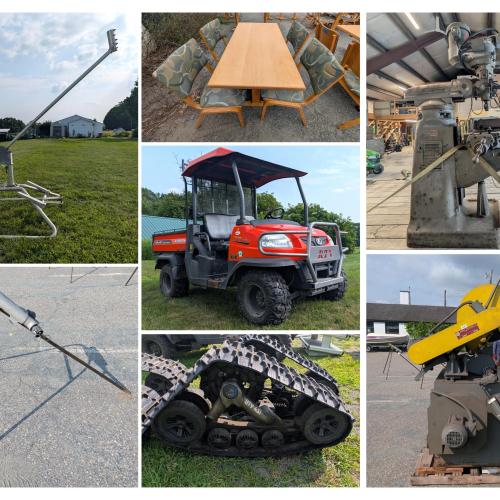 a collage of items including a UTV, snow-making equipment, and restaurant equipment