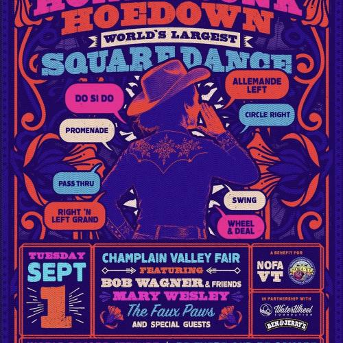 The colorful purple, red, pink, and blue poster for the Honky Tonk Hoedown, showing a graphic rendering of a person in a cowboy hat speaking into a microphone with all the event details listed around them