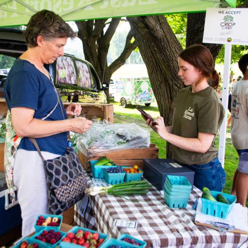 A staff member at a farmers market booth processes a digital payment from a customer
