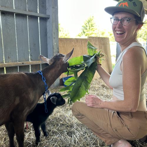 Brown mama goat, black baby goat, happy goat owner 
