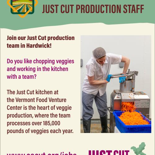 Picture of a person operating a machine that is shredding carrot. Text reads: Now Hiring Temporaryr Just Cut Production Staff
