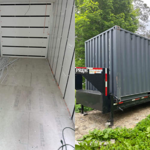 photo of insulated interior of shipping container next to image of grey exterior of shipping container on trailer