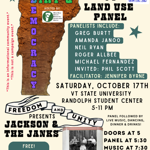 A poster with a brown state of Vermont outline overlaid with the words "Dirt & Democracy.", a small black & white photo of the Jackson & the Janks band, and the details of the event in tixt