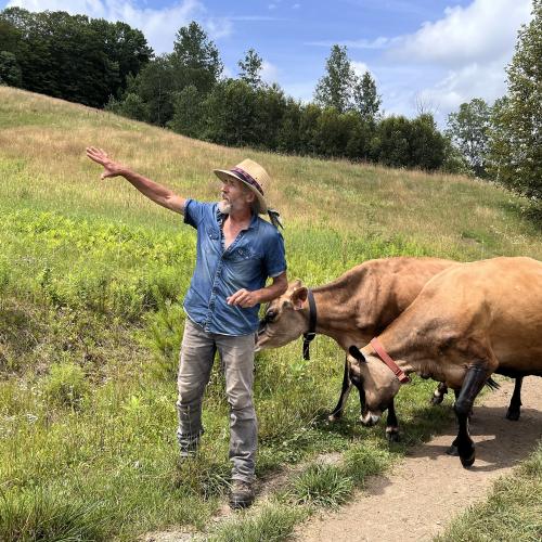 Stephen Leslie, NOFA-VT member and farmer at Cedar Mountain Farm and Cobb Hill Cheese, is shown leading his cows to pasture up a dirt road as he gestures to the green hill-side pasture to his right.